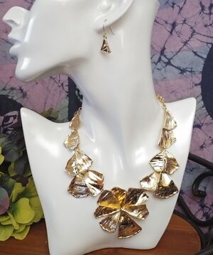 Statement Gold Petal Leaf Statement Necklace Earrings Set